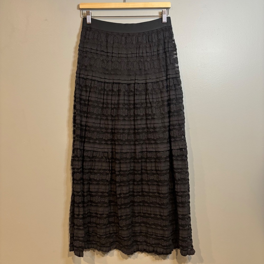 MSSP Max Studio Black Lace Sheer lined Tiered Maxi Skirt Boho pull on Small